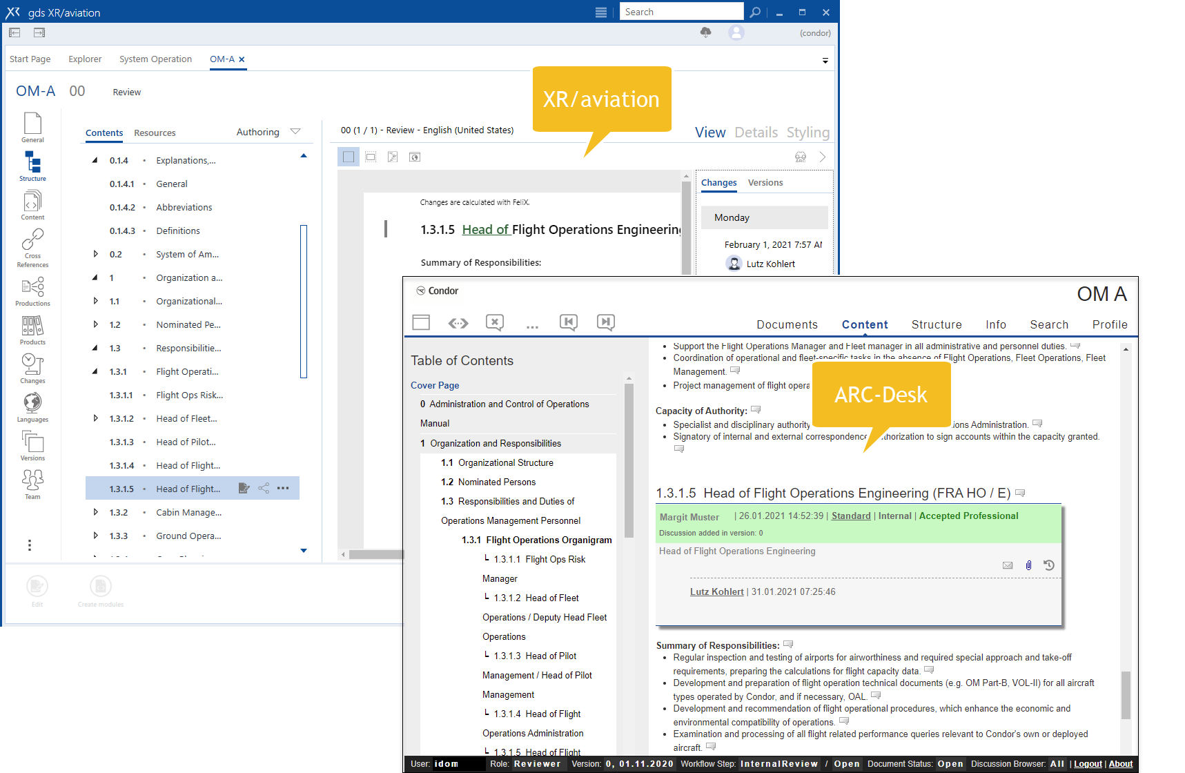 Screenshots of the gds solutions XR/aviation and ARC-Desk for Condor