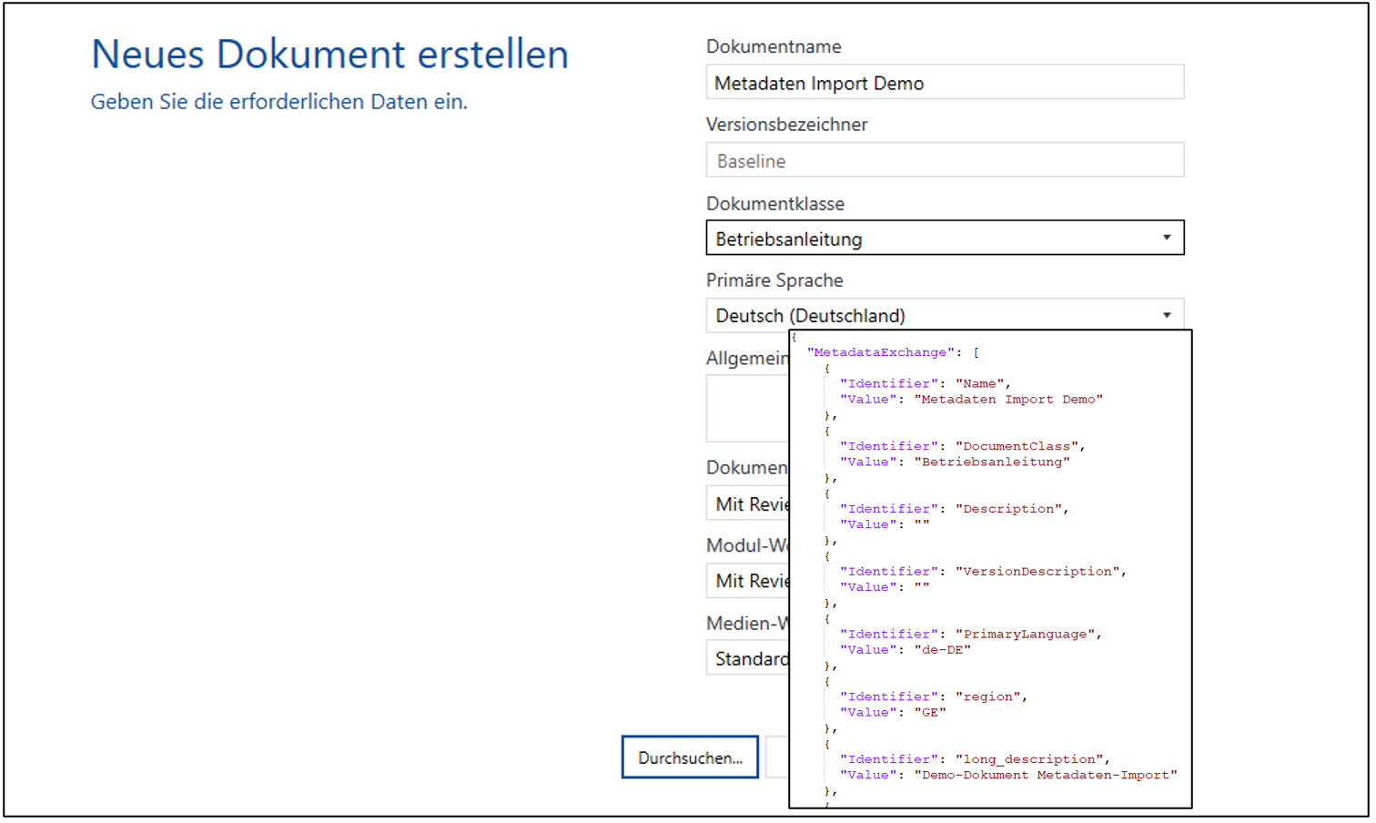 Import von Metadaten in XR/engineering