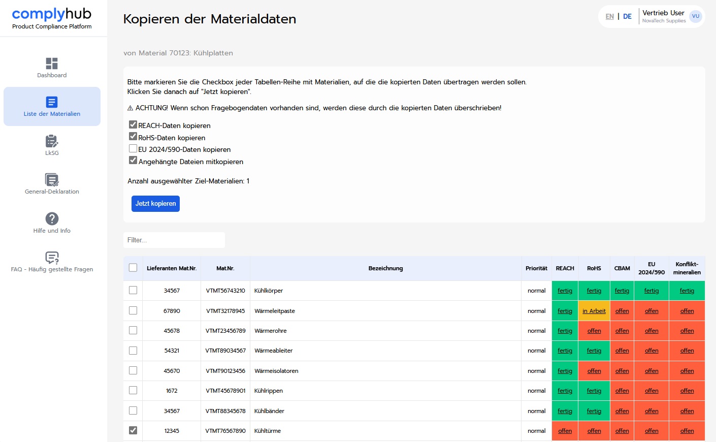The platform allows users to copy inquiries and select similar materials.